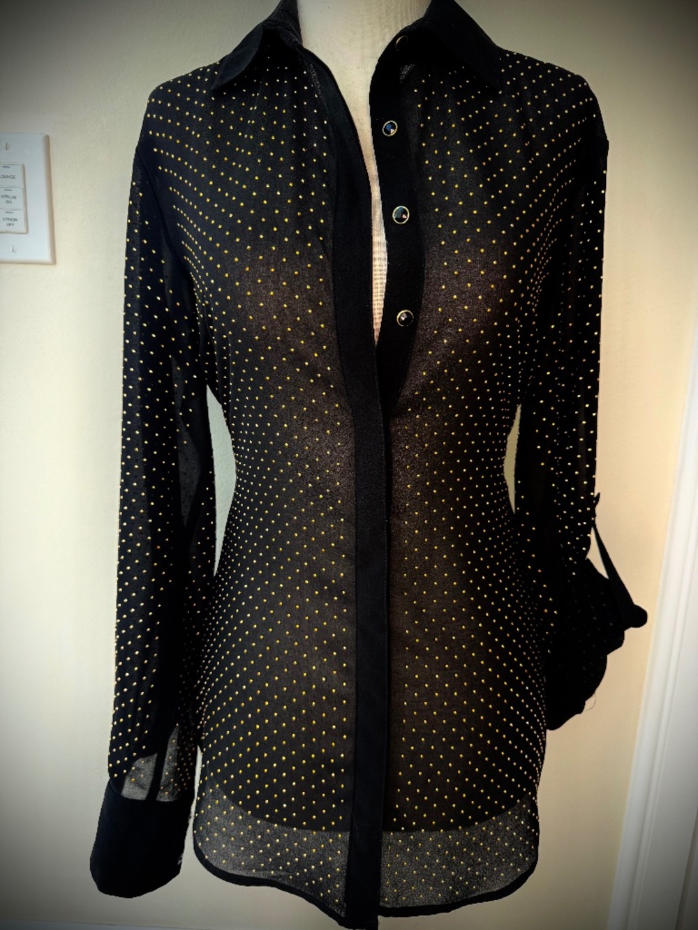 Bebe Semi Sheer Chiffon Black Blouse, Metal Gold Polka Dots, XXS Sparkle Buttons